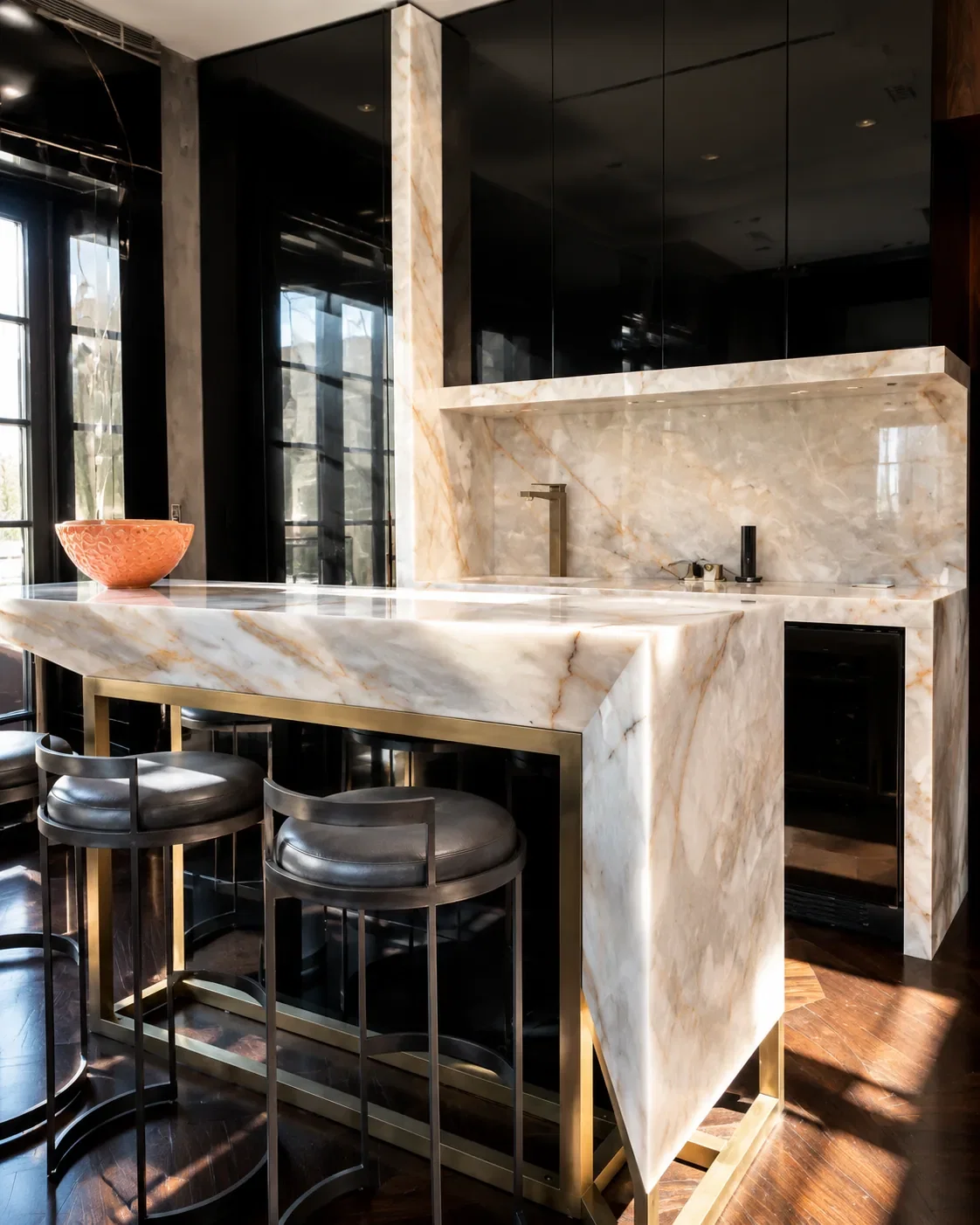 Custom stone bar and wine room designed by IPA Stone